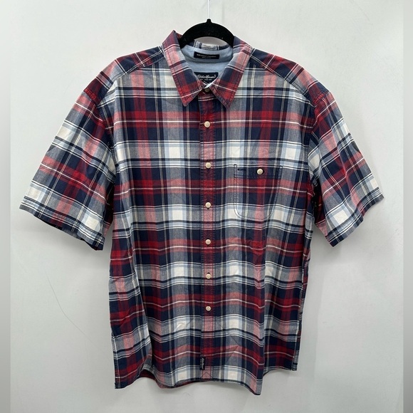 EDDIE BAUER PLAID red-blue short sleeve 100% cotton button down casual top, XL - Picture 1 of 9